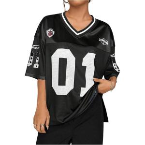 imageSOLY HUX Jersey Shirts for Women Y2k Graphic Number Oversized Tees V Neck Half Sleeve Cute Soccer Streetwear T Shirt TopsBlack Letter