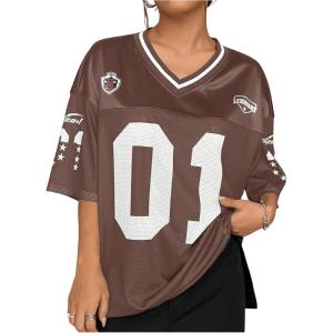 imageSOLY HUX Jersey Shirts for Women Y2k Graphic Number Oversized Tees V Neck Half Sleeve Cute Soccer Streetwear T Shirt TopsBrown Letter