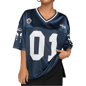 imageSOLY HUX Jersey Shirts for Women Y2k Graphic Number Oversized Tees V Neck Half Sleeve Cute Soccer Streetwear T Shirt TopsDark Blue Letter