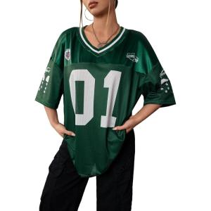 imageSOLY HUX Jersey Shirts for Women Y2k Graphic Number Oversized Tees V Neck Half Sleeve Cute Soccer Streetwear T Shirt TopsGreen Letter