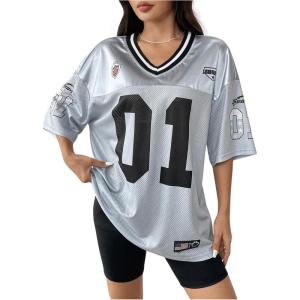 imageSOLY HUX Jersey Shirts for Women Y2k Graphic Number Oversized Tees V Neck Half Sleeve Cute Soccer Streetwear T Shirt TopsGrey Letter