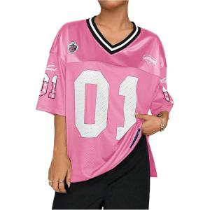 imageSOLY HUX Jersey Shirts for Women Y2k Graphic Number Oversized Tees V Neck Half Sleeve Cute Soccer Streetwear T Shirt TopsHotpink Number