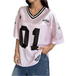 imageSOLY HUX Jersey Shirts for Women Y2k Graphic Number Oversized Tees V Neck Half Sleeve Cute Soccer Streetwear T Shirt TopsPink Letter