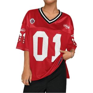 imageSOLY HUX Jersey Shirts for Women Y2k Graphic Number Oversized Tees V Neck Half Sleeve Cute Soccer Streetwear T Shirt TopsRed Number