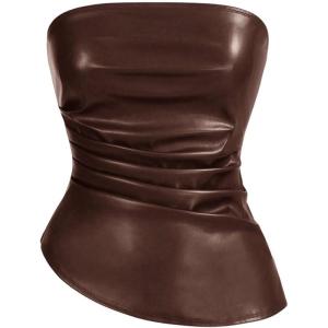 imageSOLY HUX Womens PU Leather Tube Top Strapless Ruched Asymmetrical Bandeau Tops Rave Concert OutfitCoffee Brown