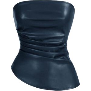 imageSOLY HUX Womens PU Leather Tube Top Strapless Ruched Asymmetrical Bandeau Tops Rave Concert OutfitDark Blue