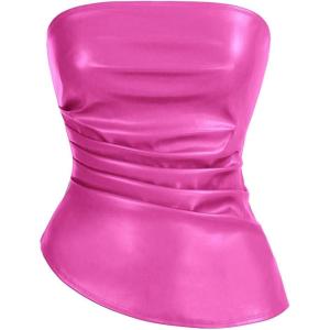 imageSOLY HUX Womens PU Leather Tube Top Strapless Ruched Asymmetrical Bandeau Tops Rave Concert OutfitHot Pink