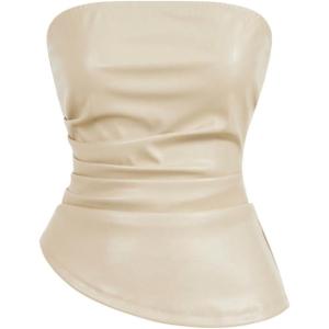 imageSOLY HUX Womens PU Leather Tube Top Strapless Ruched Asymmetrical Bandeau Tops Rave Concert OutfitPure Apricot