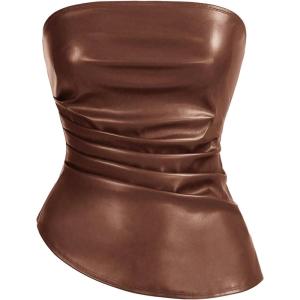 imageSOLY HUX Womens PU Leather Tube Top Strapless Ruched Asymmetrical Bandeau Tops Rave Concert OutfitPure Brown
