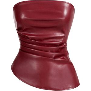 imageSOLY HUX Womens PU Leather Tube Top Strapless Ruched Asymmetrical Bandeau Tops Rave Concert OutfitPure Burgundy