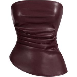 imageSOLY HUX Womens PU Leather Tube Top Strapless Ruched Asymmetrical Bandeau Tops Rave Concert OutfitPure Maroon