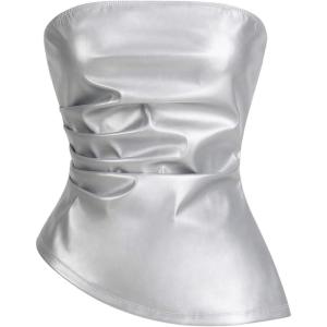 imageSOLY HUX Womens PU Leather Tube Top Strapless Ruched Asymmetrical Bandeau Tops Rave Concert OutfitPure Silver