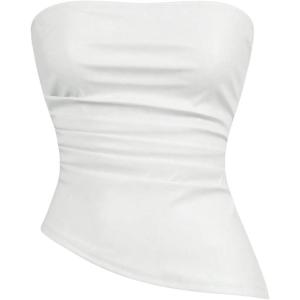 imageSOLY HUX Womens PU Leather Tube Top Strapless Ruched Asymmetrical Bandeau Tops Rave Concert OutfitPure White
