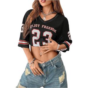 imageSOLY HUX Jersey Shirts for Women Oversized TShirt Jersey Top Graphic V Neck TShirts for Teen Girls Casual Football Tee TopsBlack Red Letter