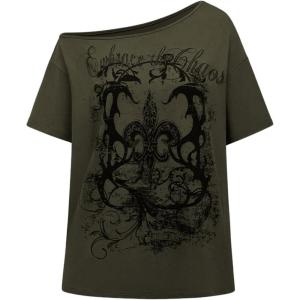 imageSOLY HUX Womens Off The Shoulder Tops Graphic Tees Y2k Vintage Gothic Oversized T Shirts StreetwearArmy Green