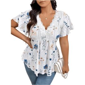 imageSOLY HUX Womens Plus Size Tops Floral Print Lace V Neck Short Sleeve Ruffle Hem Peplum Summer BlousesWhite Floral