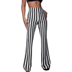 imageSOLY HUX Womens Striped Elastic High Waist Flare Leg Long Pants Casual TrousersBlack and White Striped
