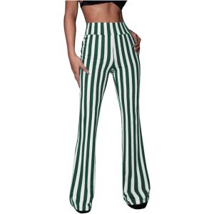 imageSOLY HUX Womens Striped Elastic High Waist Flare Leg Long Pants Casual TrousersDark Green Striped