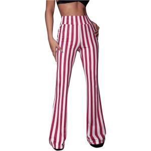 imageSOLY HUX Womens Striped Elastic High Waist Flare Leg Long Pants Casual TrousersRed and White Striped