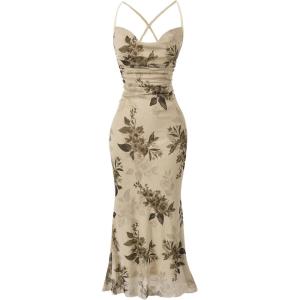 imageSOLY HUX Womens Floral Print Bodycon Cami Dress Cowl Neck Spaghetti Strap Summer Long DressesApricot Floral