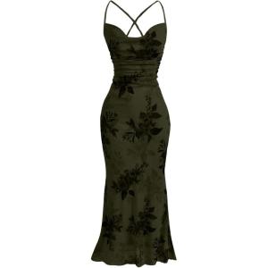 imageSOLY HUX Womens Floral Print Bodycon Cami Dress Cowl Neck Spaghetti Strap Summer Long DressesArmy Green Floral