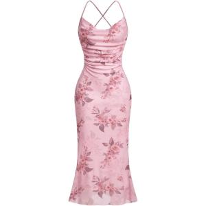 imageSOLY HUX Womens Floral Print Bodycon Cami Dress Cowl Neck Spaghetti Strap Summer Long DressesPink Floral
