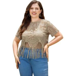 imageSOLY HUX Womens Plus Size Sheer Lace Fringe Hem Short Sleeve Tee T Shirt TopsPure Khaki