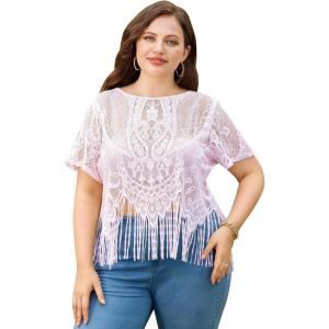 imageSOLY HUX Womens Plus Size Sheer Lace Fringe Hem Short Sleeve Tee T Shirt TopsPure Light Pink