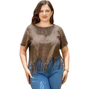 imageSOLY HUX Womens Plus Size Sheer Lace Fringe Hem Short Sleeve Tee T Shirt TopsSolid Brown