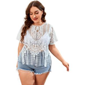 imageSOLY HUX Womens Plus Size Sheer Lace Fringe Hem Short Sleeve Tee T Shirt TopsSolid White
