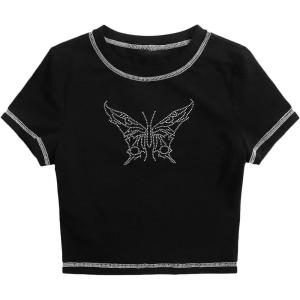 imageSOLY HUX Womens Summer Crop Top Short Sleeve T Shirt Cute TeeBlack Butterfly