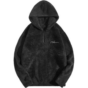 imageSOLY HUX Zip Up Hoodies Men Graphic Hoodies for Men Quarter Zip Pullover Fuzzy Sherpa Warm Hooded SweatshirtBlack Letter