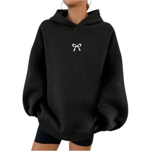 imageSOLY HUX Oversized Hoodies for Women Bow Print Hooded Sweatshirt Drop Shoulder Long Sleeve Loose Pullover TopBlack Bow