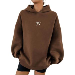 imageSOLY HUX Oversized Hoodies for Women Bow Print Hooded Sweatshirt Drop Shoulder Long Sleeve Loose Pullover TopBrown Bow