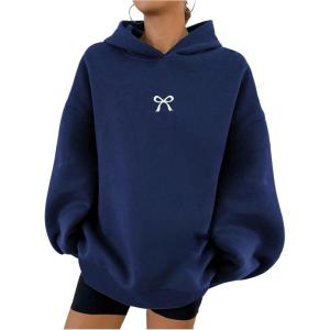 imageSOLY HUX Oversized Hoodies for Women Bow Print Hooded Sweatshirt Drop Shoulder Long Sleeve Loose Pullover TopDusty Blue Bow
