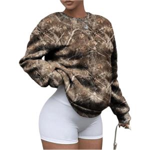 imageSOLY HUX Womens Camo Graphic Crewneck Sweatshirt Long Sleeve Y2K Vintage Pullover Streetwear TopsBrown Maple Leaf