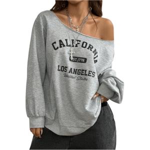 imageSOLY HUX Womens Off Shoulder Letter Graphic Sweatshirts Long Sleeve Baggy Pullover StreetwearGrey Letter