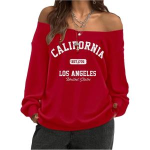 imageSOLY HUX Womens Off Shoulder Letter Graphic Sweatshirts Long Sleeve Baggy Pullover StreetwearRed Letter
