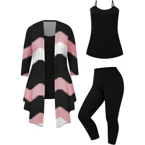 imageSOLY HUX Womens Plus Size 3 Piece Yoga Outfits Color Block Print Cardigan and Cami Tops with Pants Activewear SetBlack Geometric
