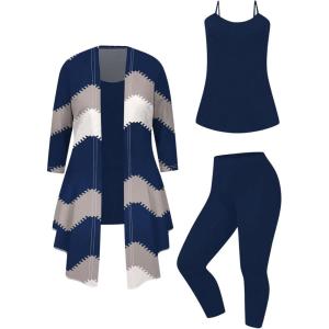 imageSOLY HUX Womens Plus Size 3 Piece Yoga Outfits Color Block Print Cardigan and Cami Tops with Pants Activewear SetMulticoloured Geometric