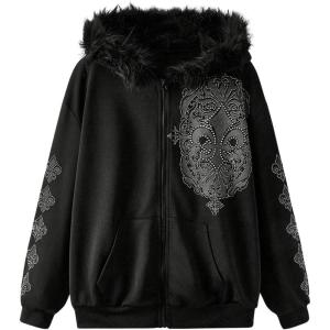 imageSOLY HUX Womens Y2K Zip Up Hoodie Streetwear Graphic Hoodies Y2k Jacket with Faux Fur Collar 90s Fall Gothic OutfitsBlack Graphic