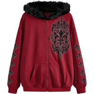 imageSOLY HUX Womens Y2K Zip Up Hoodie Streetwear Graphic Hoodies Y2k Jacket with Faux Fur Collar 90s Fall Gothic OutfitsBurgundy Graphic
