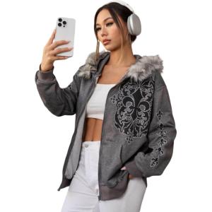 imageSOLY HUX Womens Y2K Zip Up Hoodie Streetwear Graphic Hoodies Y2k Jacket with Faux Fur Collar 90s Fall Gothic OutfitsGrey Graphic