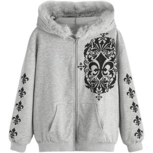 imageSOLY HUX Womens Y2K Zip Up Hoodie Streetwear Graphic Hoodies Y2k Jacket with Faux Fur Collar 90s Fall Gothic OutfitsLight Grey Graphic