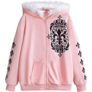 imageSOLY HUX Womens Y2K Zip Up Hoodie Streetwear Graphic Hoodies Y2k Jacket with Faux Fur Collar 90s Fall Gothic OutfitsPink Graphic
