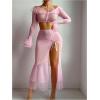 imageSOLY HUX Womens Mesh Sheer Sexy Lingerie Ruffle Long Sleeve Top Split Maxi Skirt with Thong 3 Piece NightwearPure Pink
