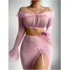 imageSOLY HUX Womens Mesh Sheer Sexy Lingerie Ruffle Long Sleeve Top Split Maxi Skirt with Thong 3 Piece NightwearPure Pink