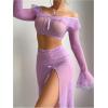 imageSOLY HUX Womens Mesh Sheer Sexy Lingerie Ruffle Long Sleeve Top Split Maxi Skirt with Thong 3 Piece NightwearPure Purple