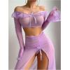 imageSOLY HUX Womens Mesh Sheer Sexy Lingerie Ruffle Long Sleeve Top Split Maxi Skirt with Thong 3 Piece NightwearPure Purple
