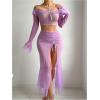 imageSOLY HUX Womens Mesh Sheer Sexy Lingerie Ruffle Long Sleeve Top Split Maxi Skirt with Thong 3 Piece NightwearPure Purple
